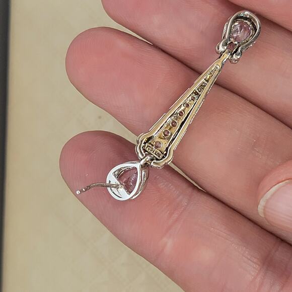 Sterling Silver Drop Earrings 1.5 Inch Pink Teardrop CZ Elegant Dangle - Picture 3 of 7